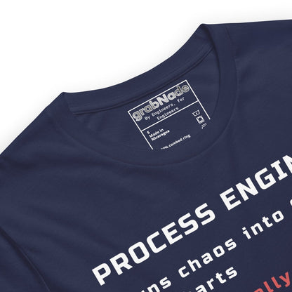 Close up of navy t-shirt with "Process Engineer. Turns chaos into Gantt & flowcharts" definition text.