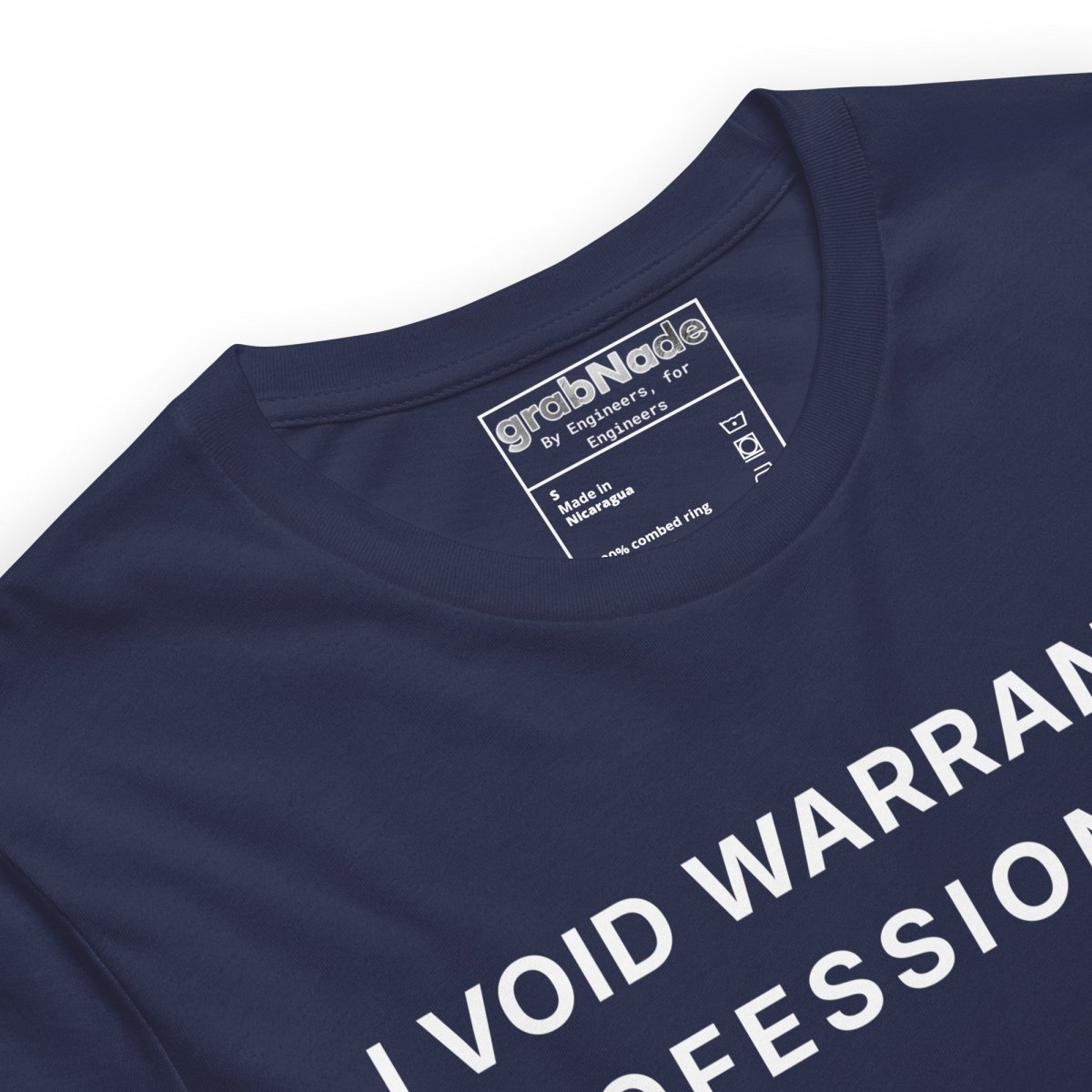 Close up of navy t-shirt featuring "I Void Warranties Professionally" text for R&D engineers.