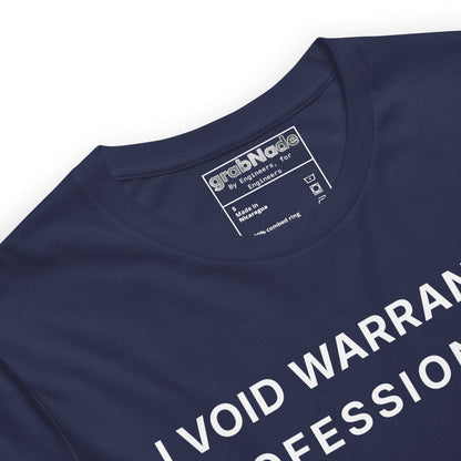 Close up of navy t-shirt featuring "I Void Warranties Professionally" text for R&D engineers.