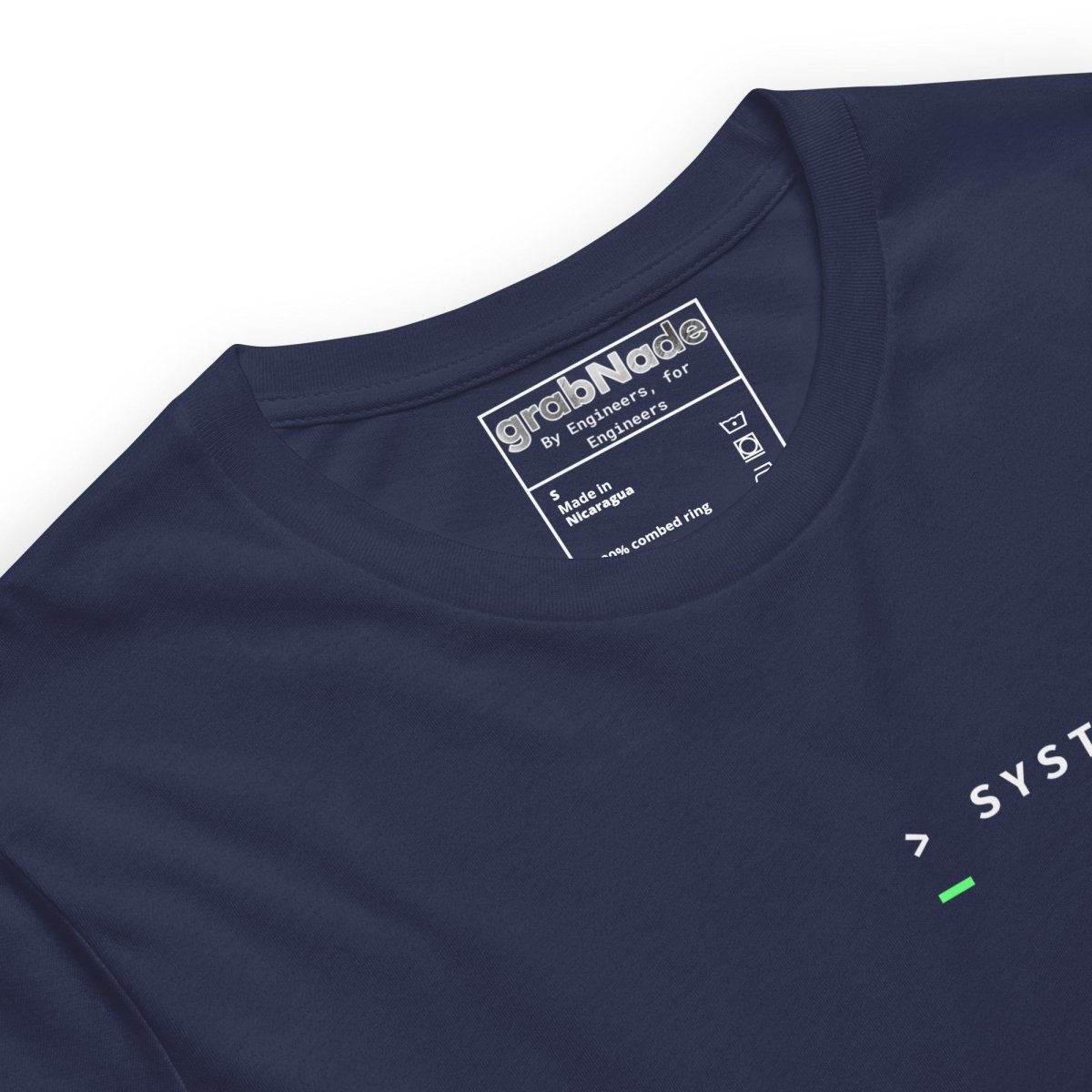 Close up of navy t-shirt front "> System_Ready" back diagnostic screen with "Meeting_Capacity: 0 MB".