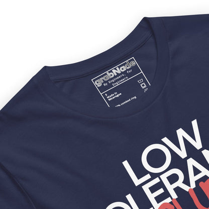 Close up of navy t-shirt with "LOW TOLERANCE CLUB" dripping precision tolerance numbers graphic.