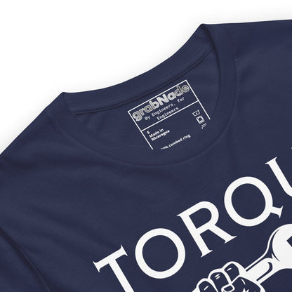 Close up of navy t-shirt "TORQUE IT UP" with small screw overtighten vs big bolt undertighten warning.