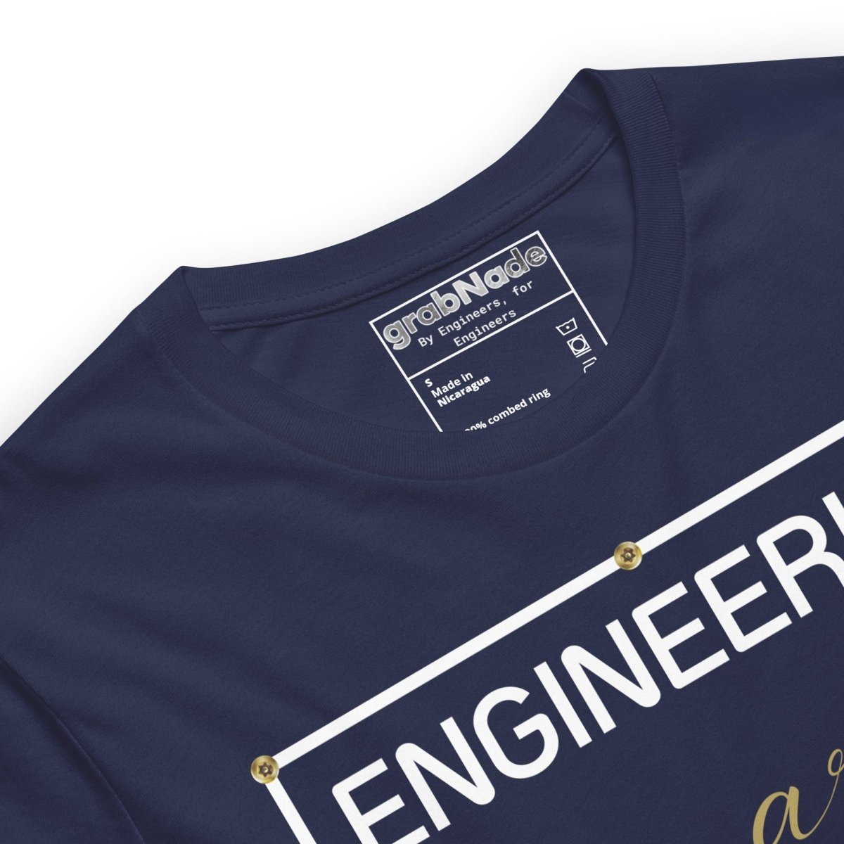 Close up of navy minimalist t-shirt featuring "ENGINEERING IS ART" technical typography design.