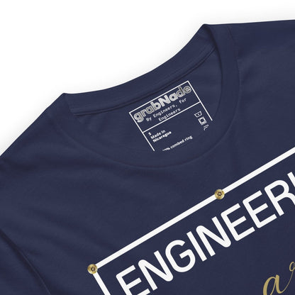 Close up of navy minimalist t-shirt featuring "ENGINEERING IS ART" technical typography design.