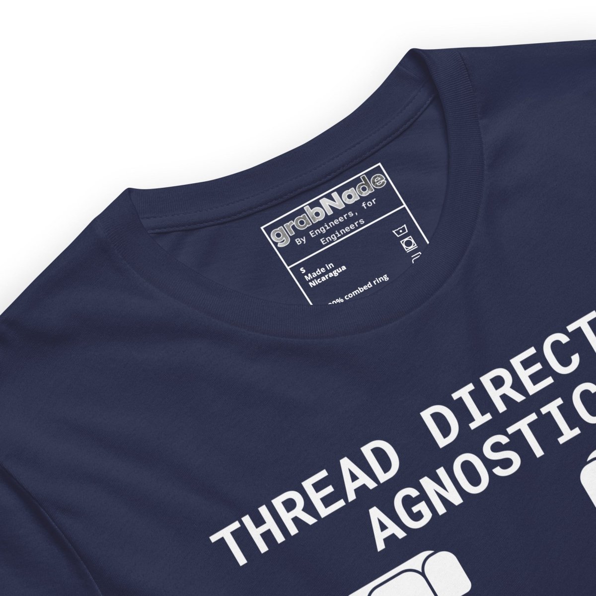Close up of navy t-shirt "Thread Direction Agnostic" M10x1.5 LH vs RH bolts same torque for mechanical engineers.