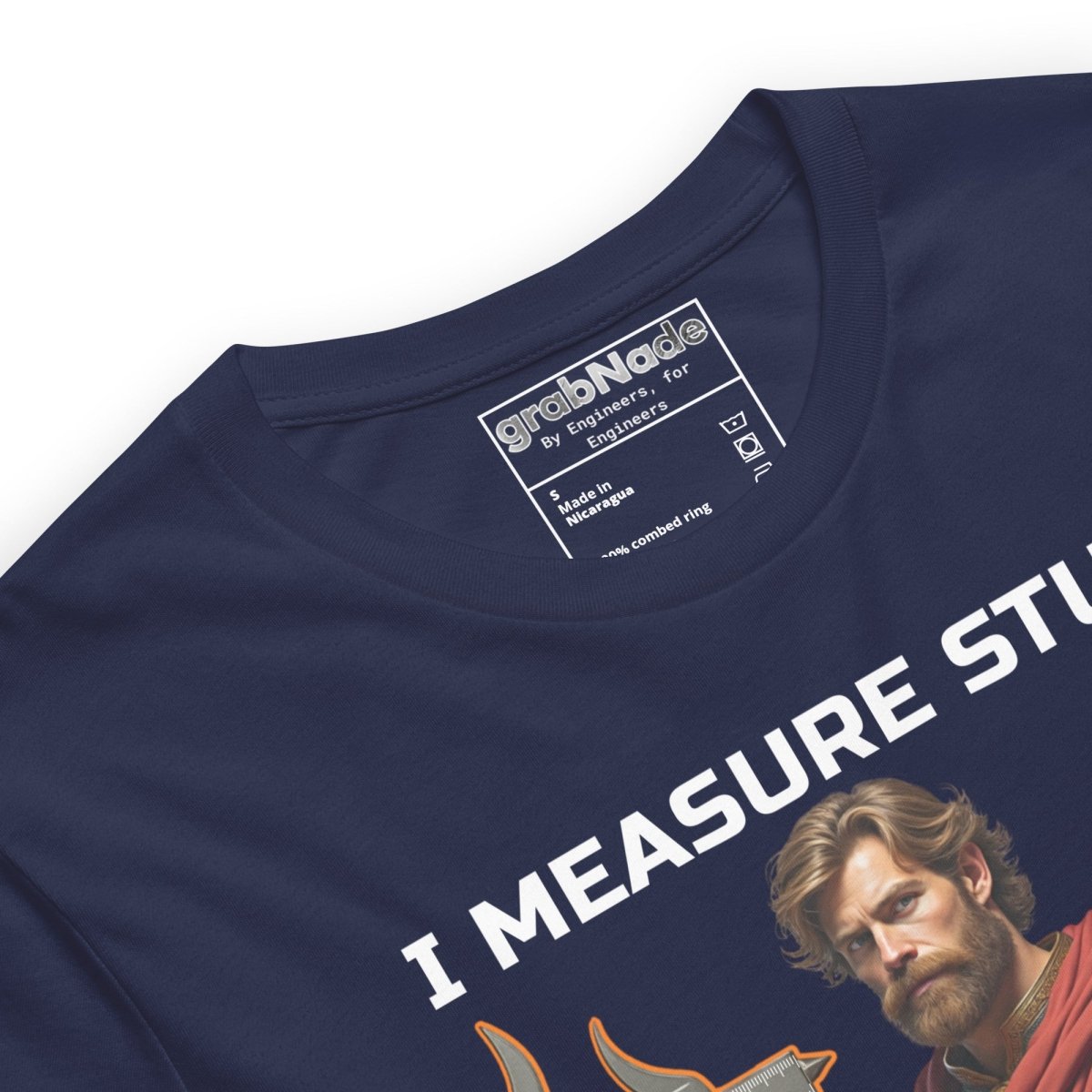 Close up of navy t-shirt metrology warrior "I measure stuff it's super effective" caliper axe graphic.