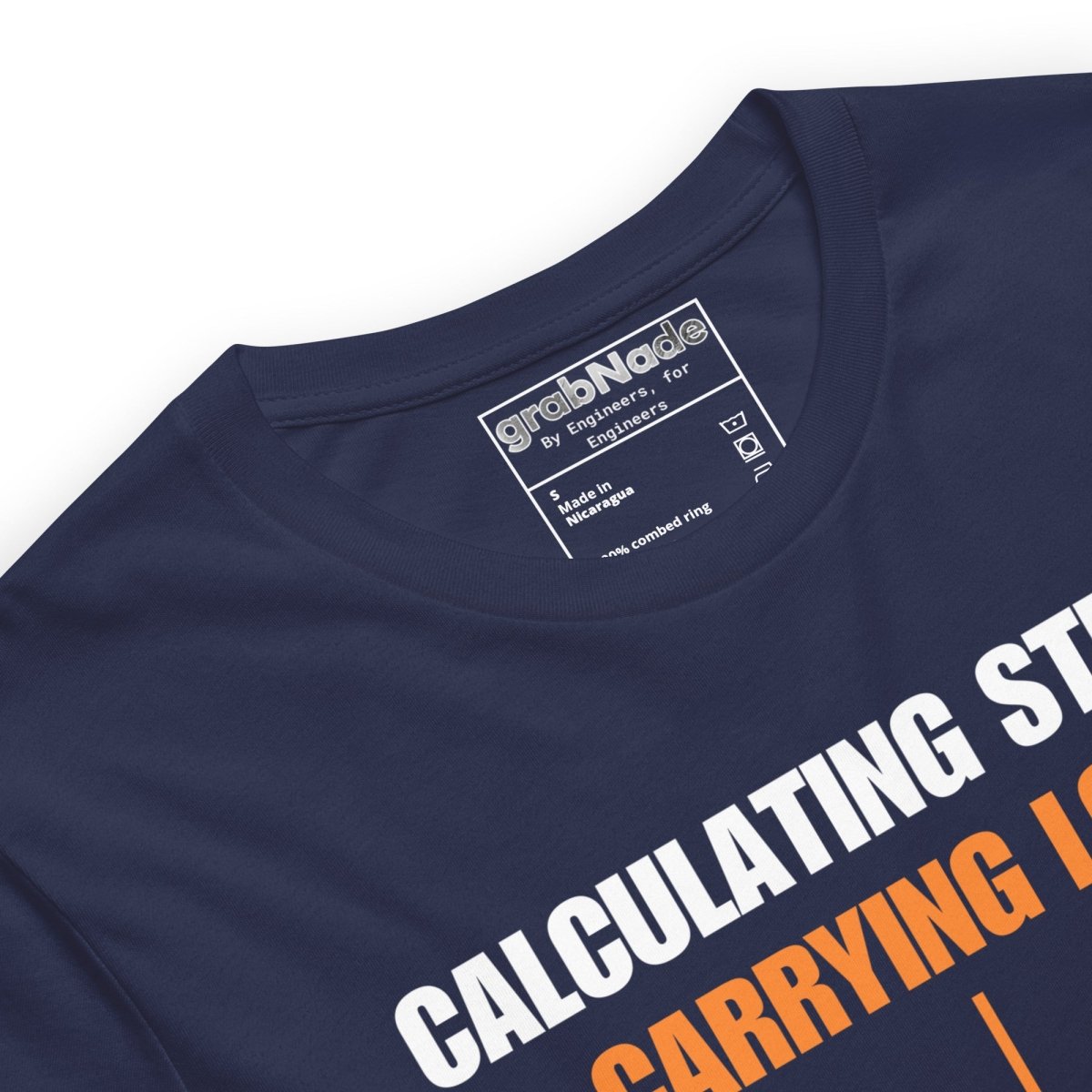 Close up of navy t-shirt “Calculating Stress Load” with an arrow and a bent beam for mechanics engineers.