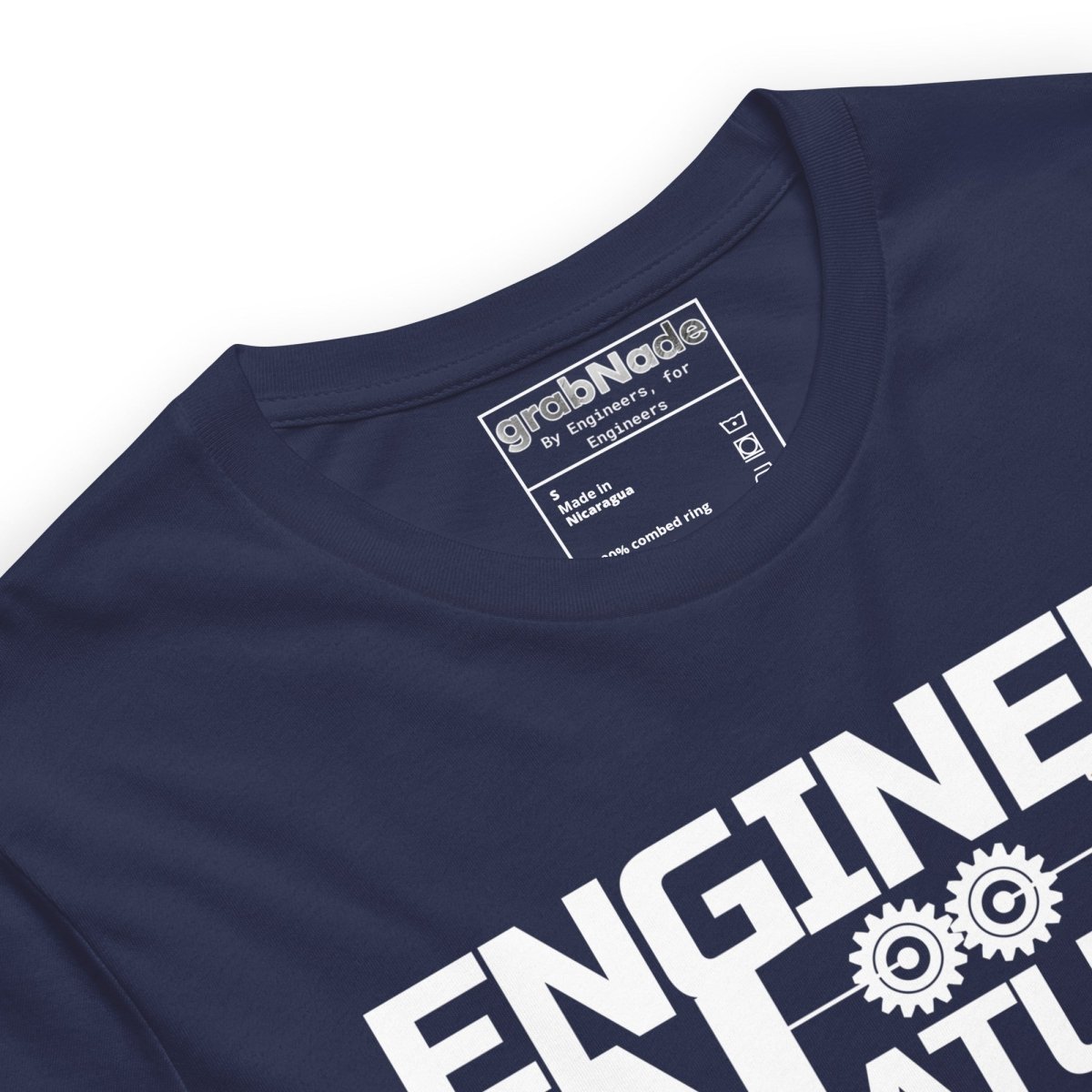 Close up of navy t-shirt “Engineer by Nature” with two gears for mechanical engineers.