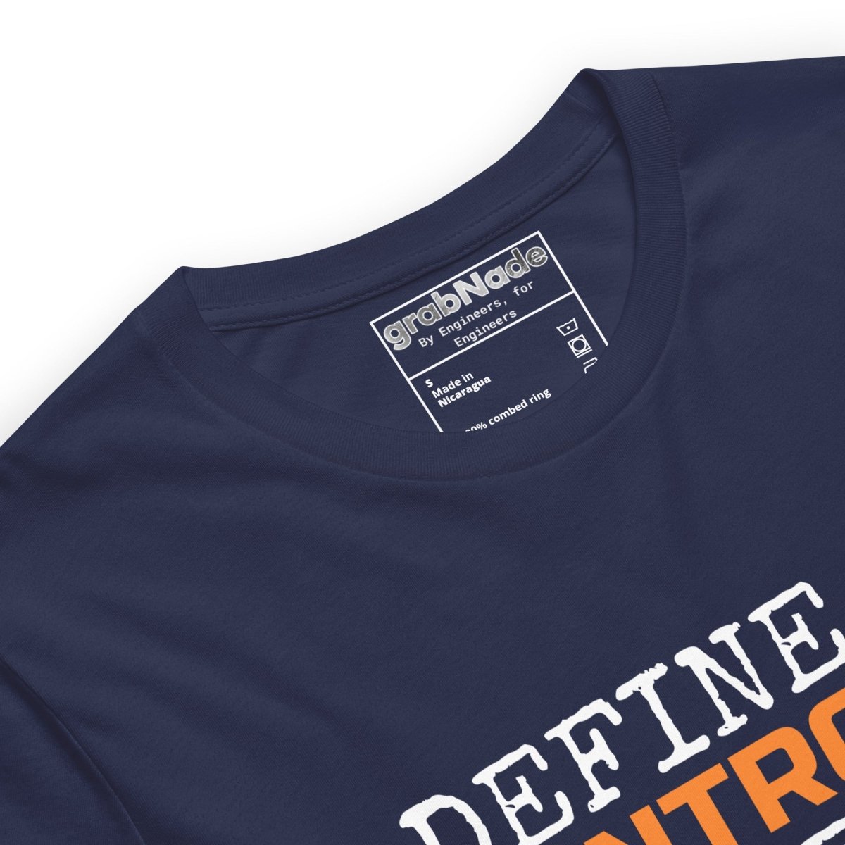 Close up of navy t-shirt featuring the text "Define It. Control It. Document It" for QA engineers.