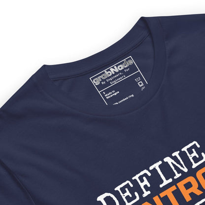 Close up of navy t-shirt featuring the text "Define It. Control It. Document It" for QA engineers.