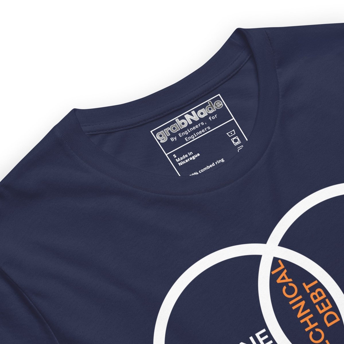 Close up of navy tee featuring a project management Venn diagram about technical debt and physics.