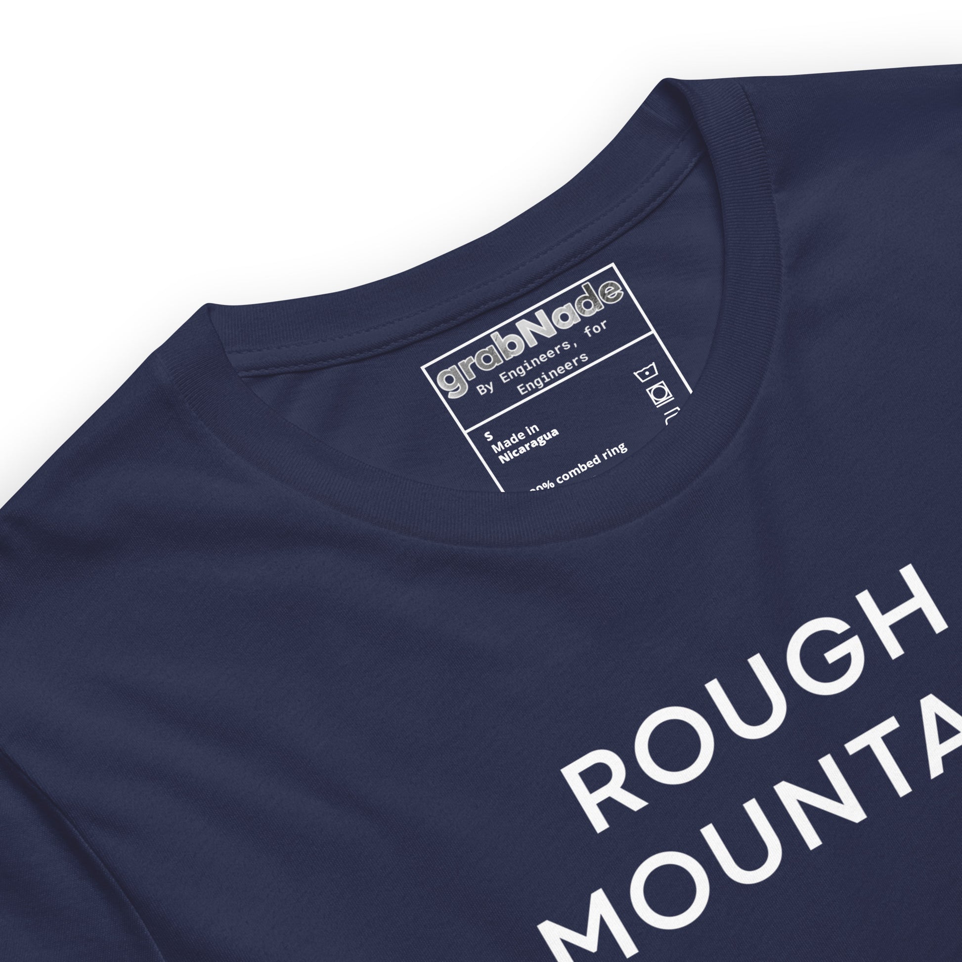 Close up of navy tee featuring an Rz 300 surface profile mountain graphic and "Peak to Valley" text.