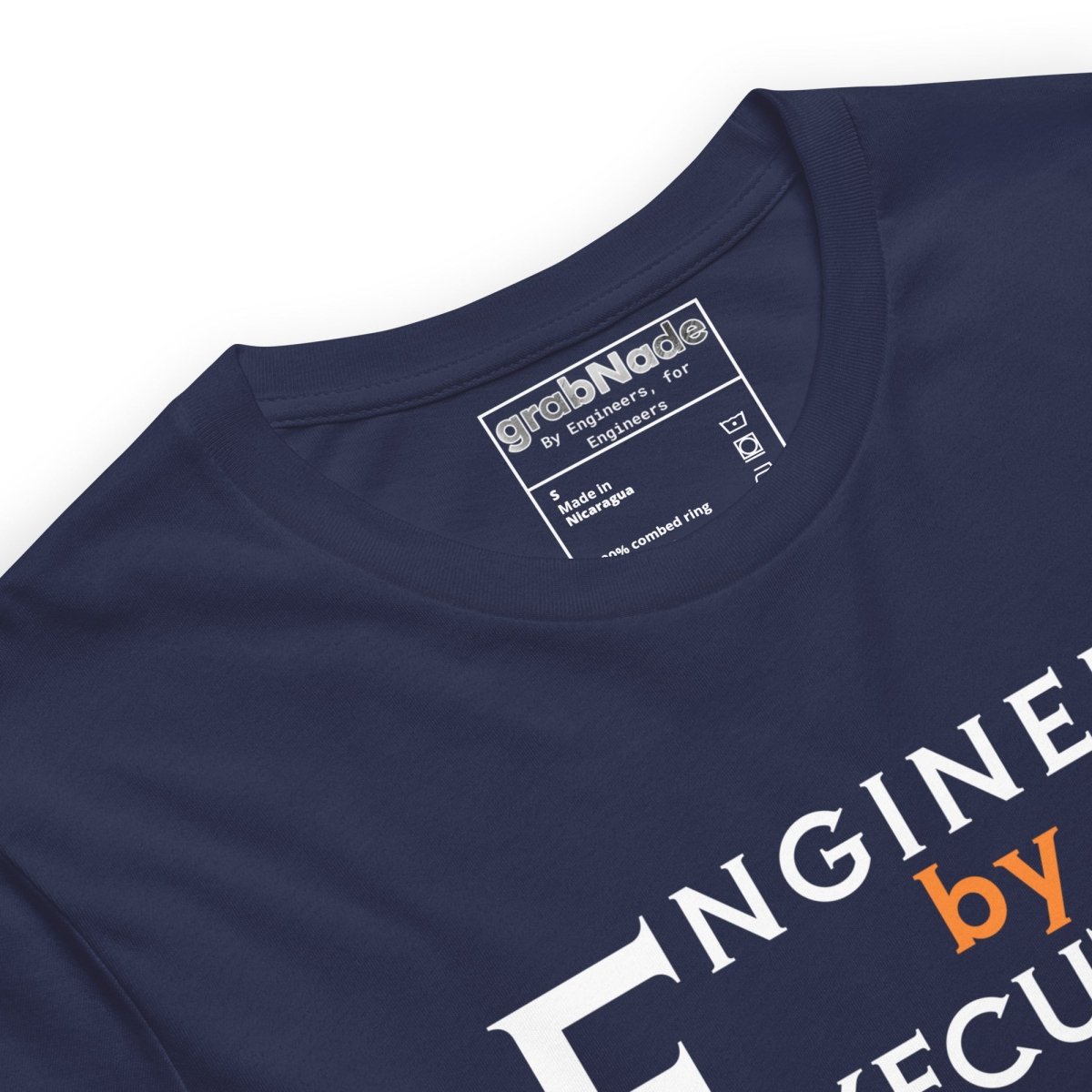 Close up of navy premium Combed ring-spun cotton tee with “Engineer by Execution” text.