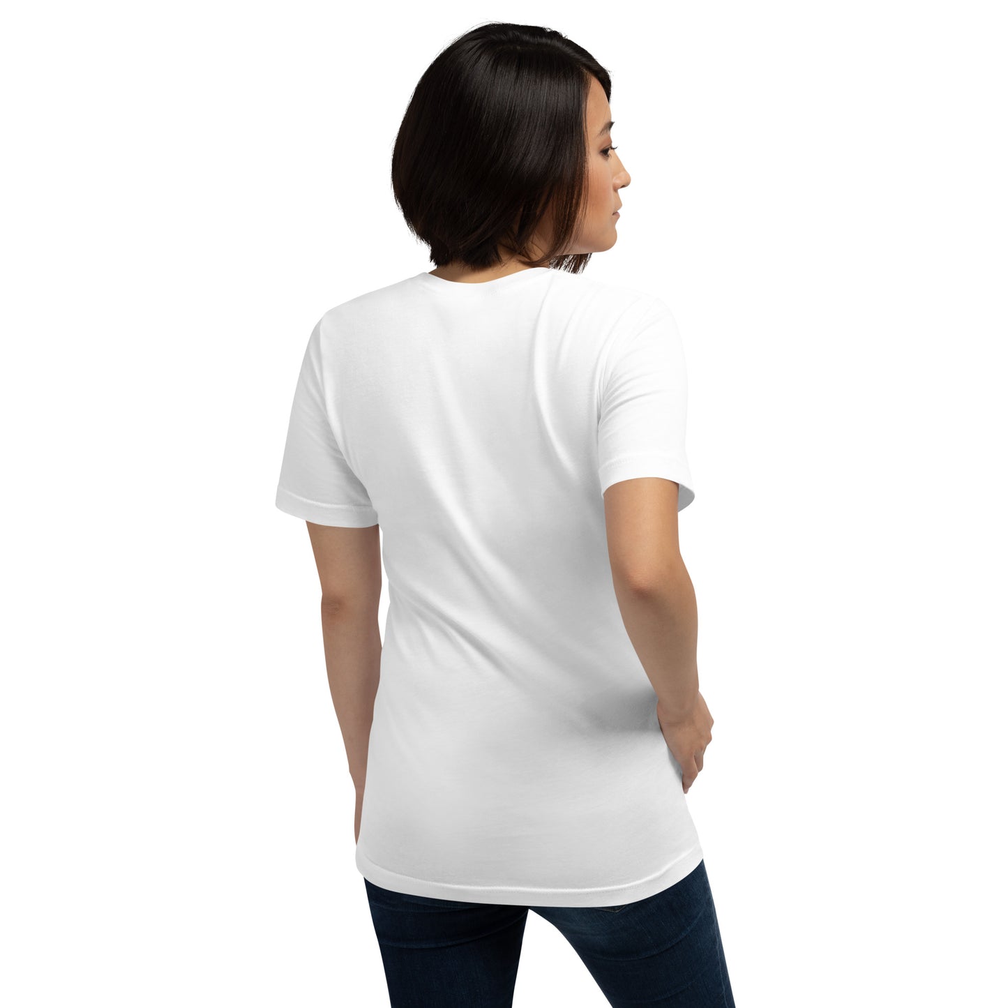 A woman with straight dark hair faces away, wearing a grabNade Unisex Regular Tee in ultra-soft premium cotton with "For the Sake of Vegetables, I Eat Meat," paired with dark jeans against a plain white background.