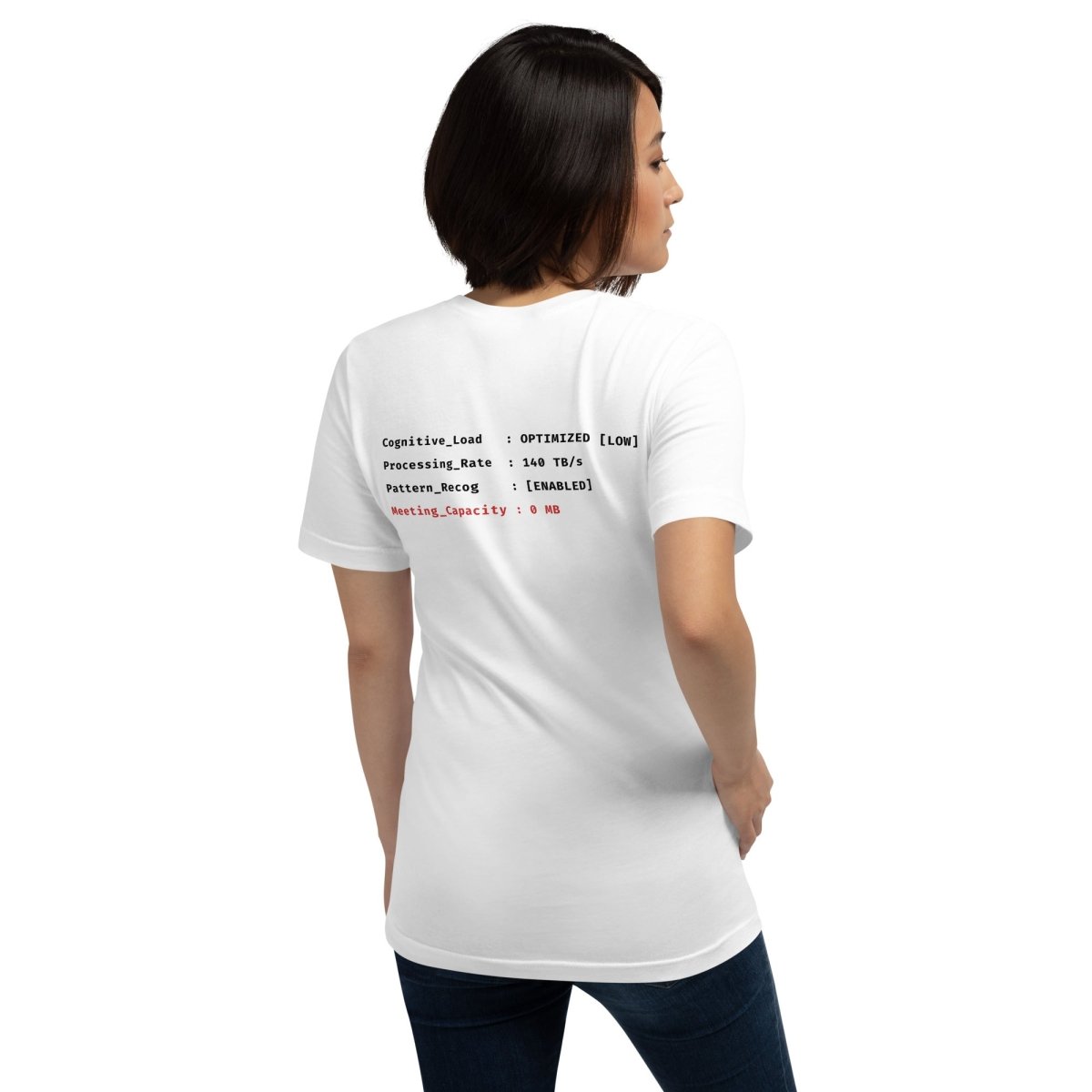 Back woman in white t-shirt front "> System_Ready" back diagnostic screen with "Meeting_Capacity: 0 MB".
