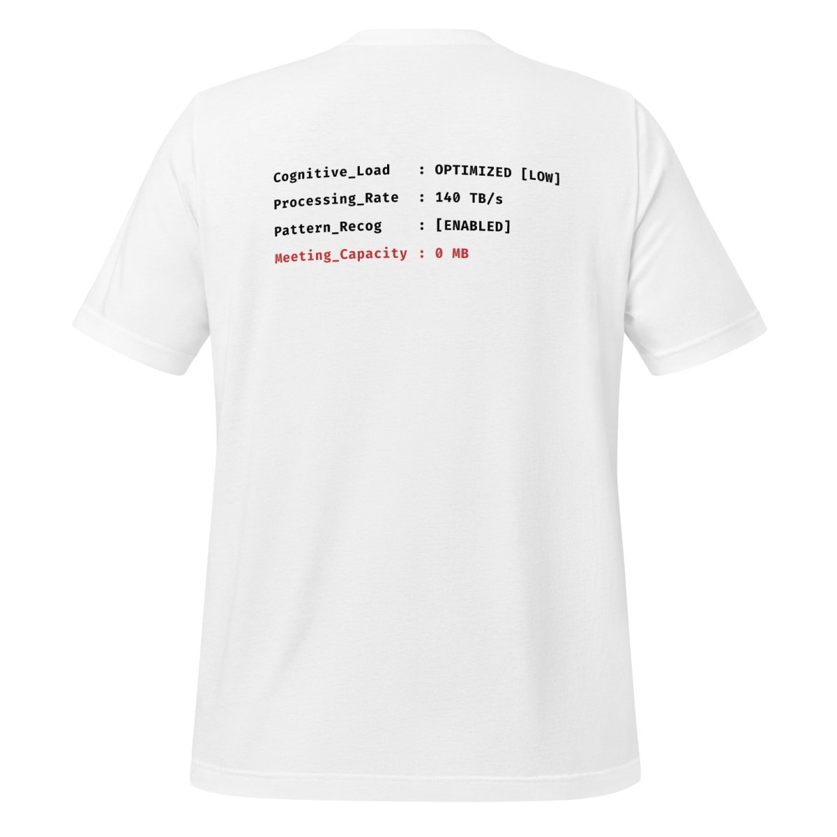 White t-shirt front "> System_Ready" back diagnostic screen with "Meeting_Capacity: 0 MB".