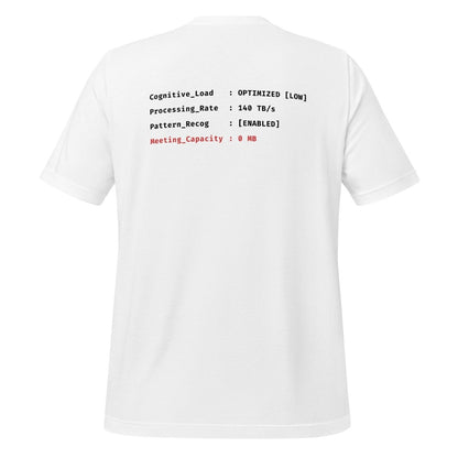 White t-shirt front "> System_Ready" back diagnostic screen with "Meeting_Capacity: 0 MB".