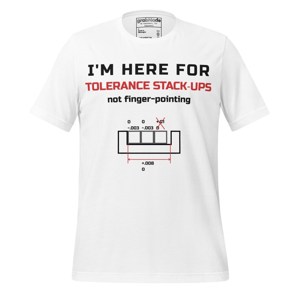 White premium t-shirt featuring tolerance stack-ups with orange and white typography. For manufacturing and mechanical engineers