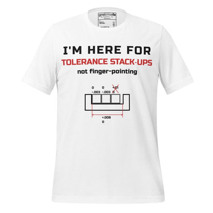 White premium t-shirt featuring tolerance stack-ups with orange and white typography. For manufacturing and mechanical engineers