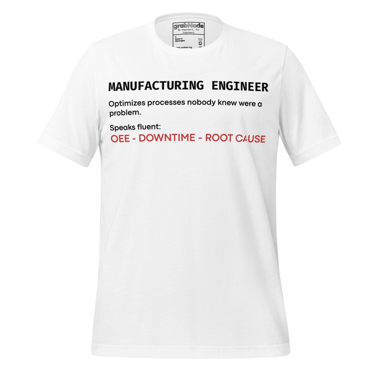 White t-shirt with "Manufacturing Engineer" definition featuring OEE and root cause terminology.