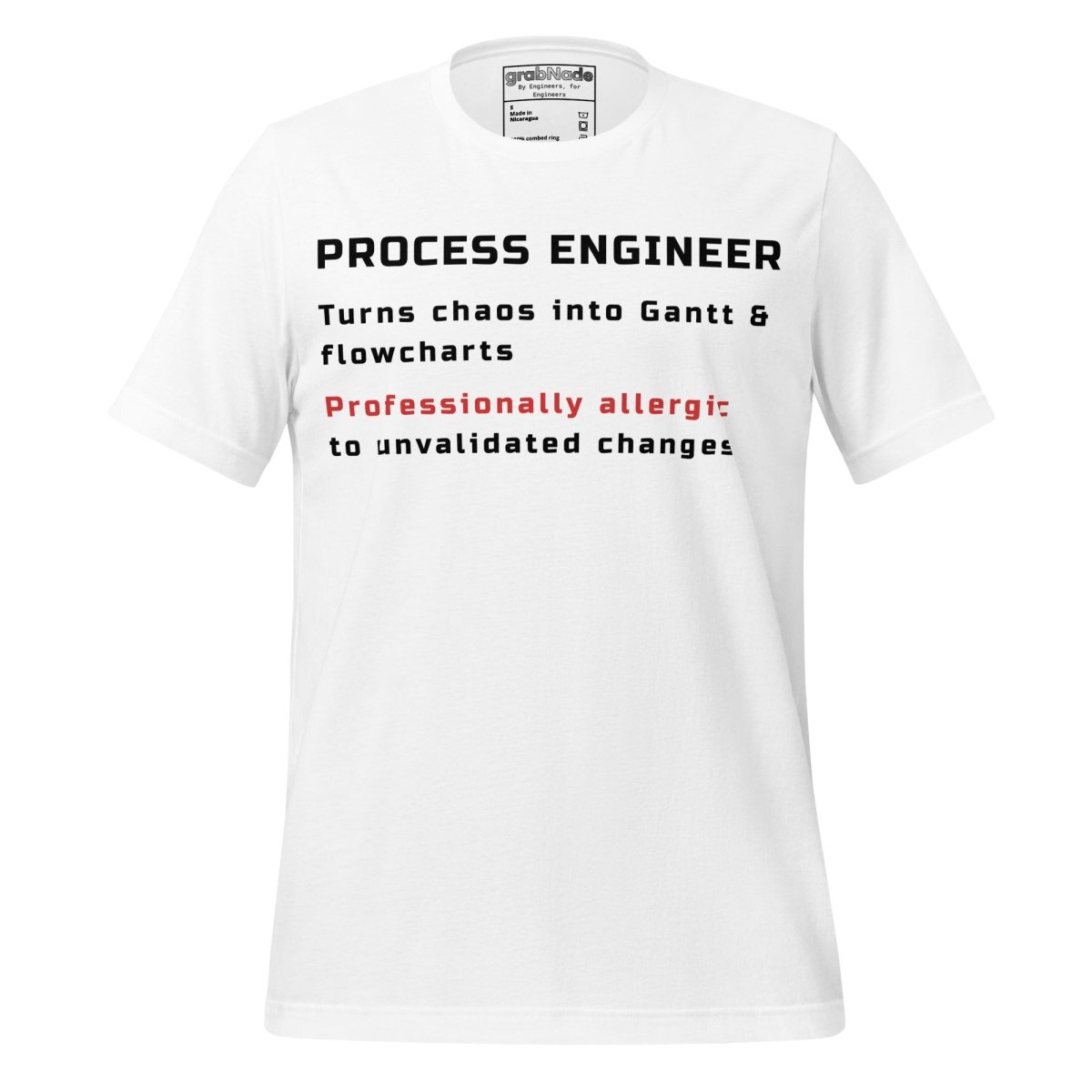 White t-shirt with "Process Engineer. Turns chaos into Gantt & flowcharts" definition text.