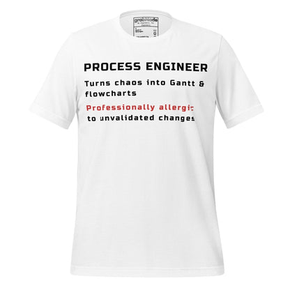 White t-shirt with "Process Engineer. Turns chaos into Gantt & flowcharts" definition text.