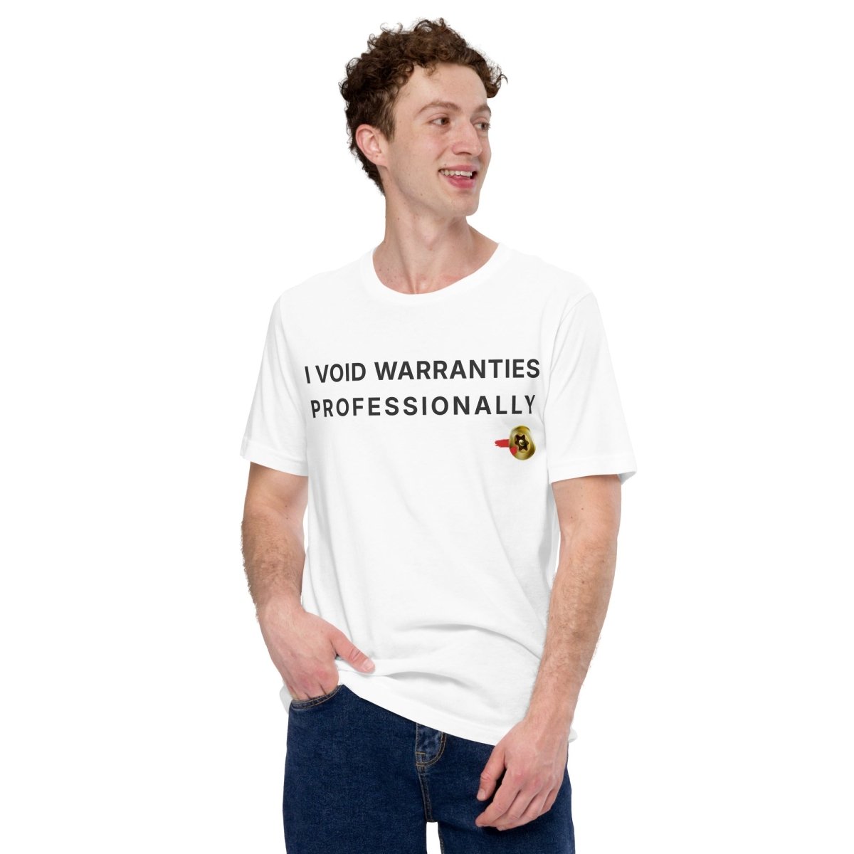 Man in white t-shirt featuring "I Void Warranties Professionally" text for R&D engineers.