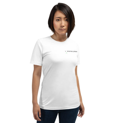 Woman in white t-shirt front "> System_Ready" back diagnostic screen with "Meeting_Capacity: 0 MB".