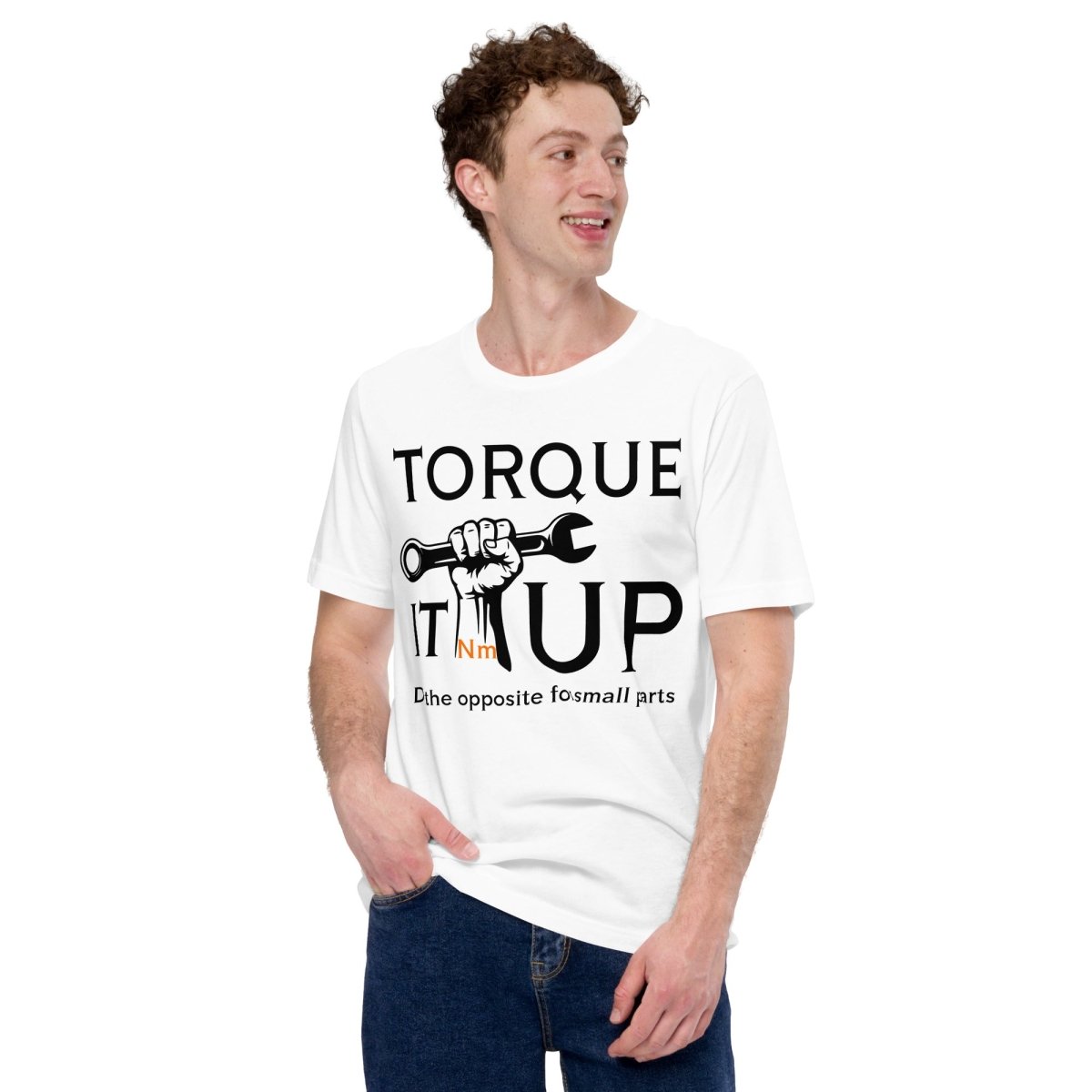 Man in white t-shirt "TORQUE IT UP" with small screw overtighten vs big bolt undertighten warning.