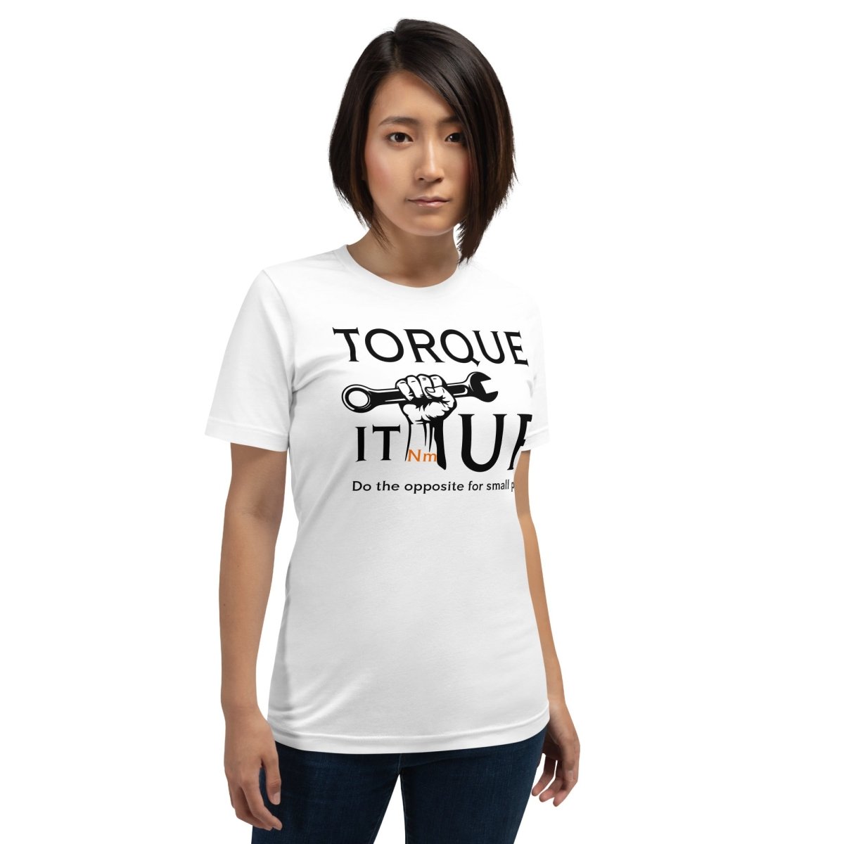 Woman in white t-shirt "TORQUE IT UP" with small screw overtighten vs big bolt undertighten warning.