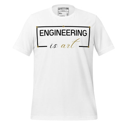 White minimalist t-shirt featuring "ENGINEERING IS ART" technical typography design.