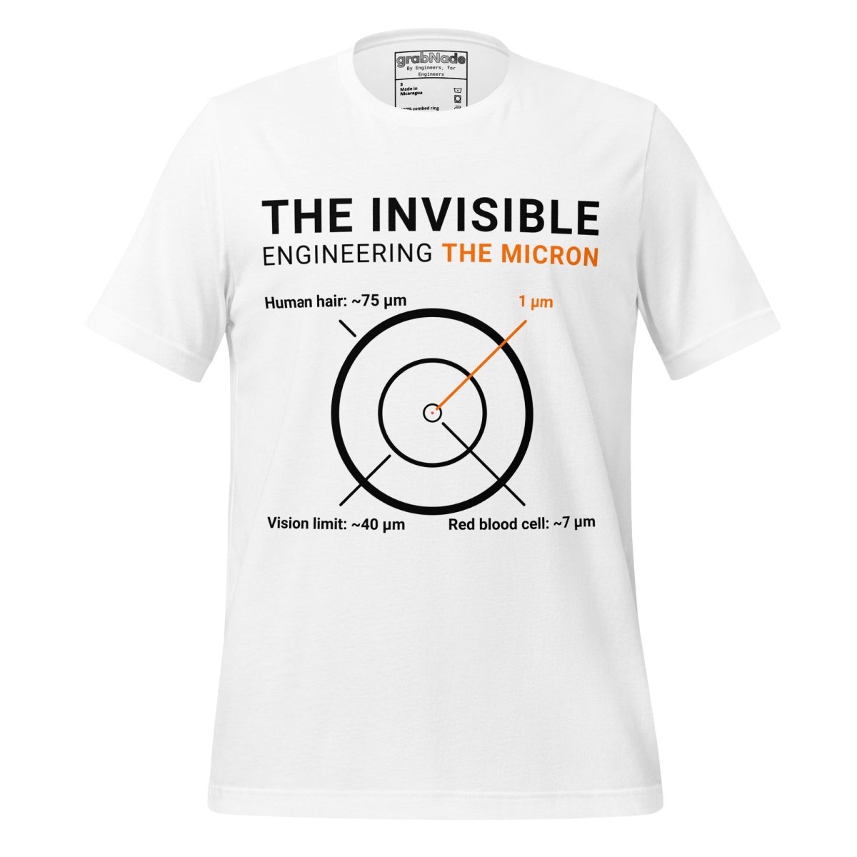 White t-shirt "Engineering the Micron" scale graphic: hair 75µm to 1µm for eng & machinists.