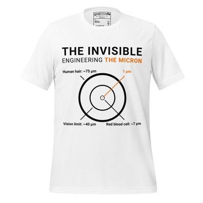 White t-shirt "Engineering the Micron" scale graphic: hair 75µm to 1µm for eng & machinists.
