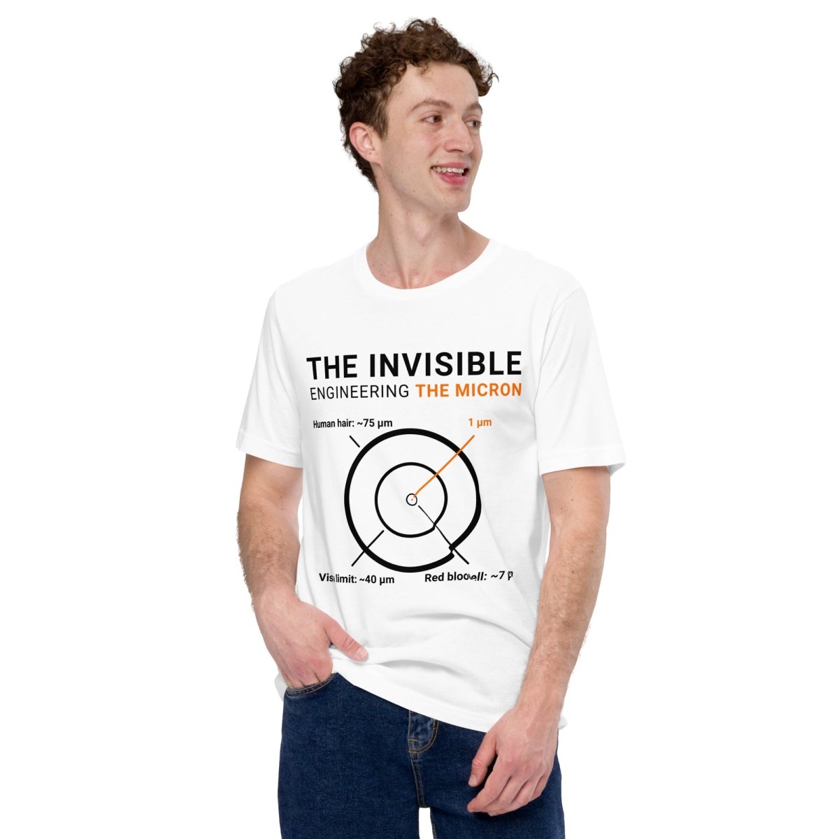 Man in white t-shirt "Engineering the Micron" scale graphic: hair 75µm to 1µm for eng & machinists.