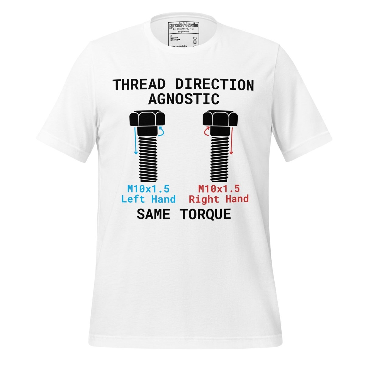 White t-shirt "Thread Direction Agnostic" M10x1.5 LH vs RH bolts same torque for mechanical engineers.