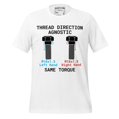 White t-shirt "Thread Direction Agnostic" M10x1.5 LH vs RH bolts same torque for mechanical engineers.