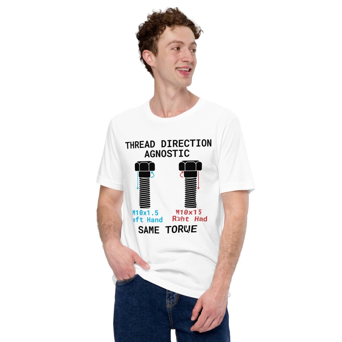 Man in white t-shirt "Thread Direction Agnostic" M10x1.5 LH vs RH bolts same torque for mechanical engineers.