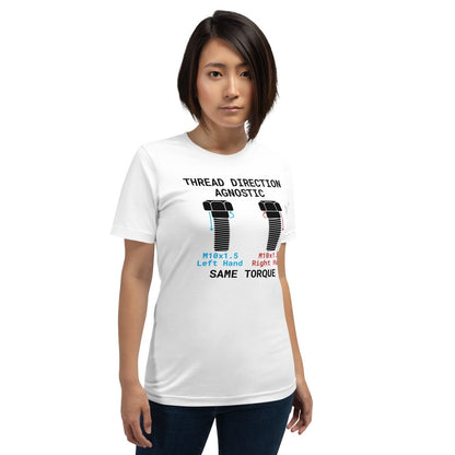 Woman in white t-shirt "Thread Direction Agnostic" M10x1.5 LH vs RH bolts same torque for mechanical engineers.
