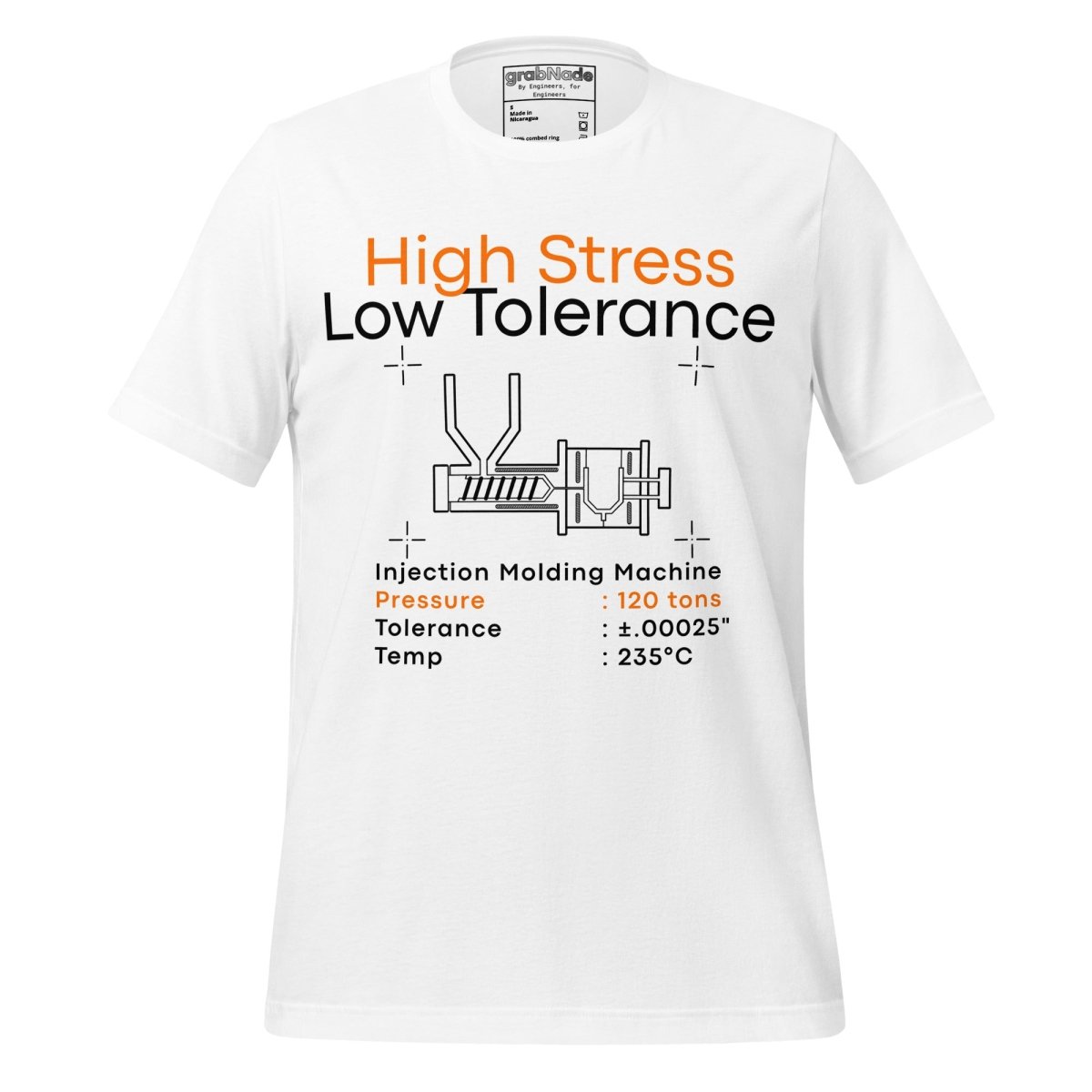 White t-shirt. High Stress Low Tolerance injection molding machine with 120 tons, ±0.00025", 235°C.