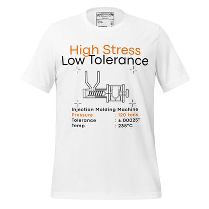 White t-shirt. High Stress Low Tolerance injection molding machine with 120 tons, ±0.00025", 235°C.
