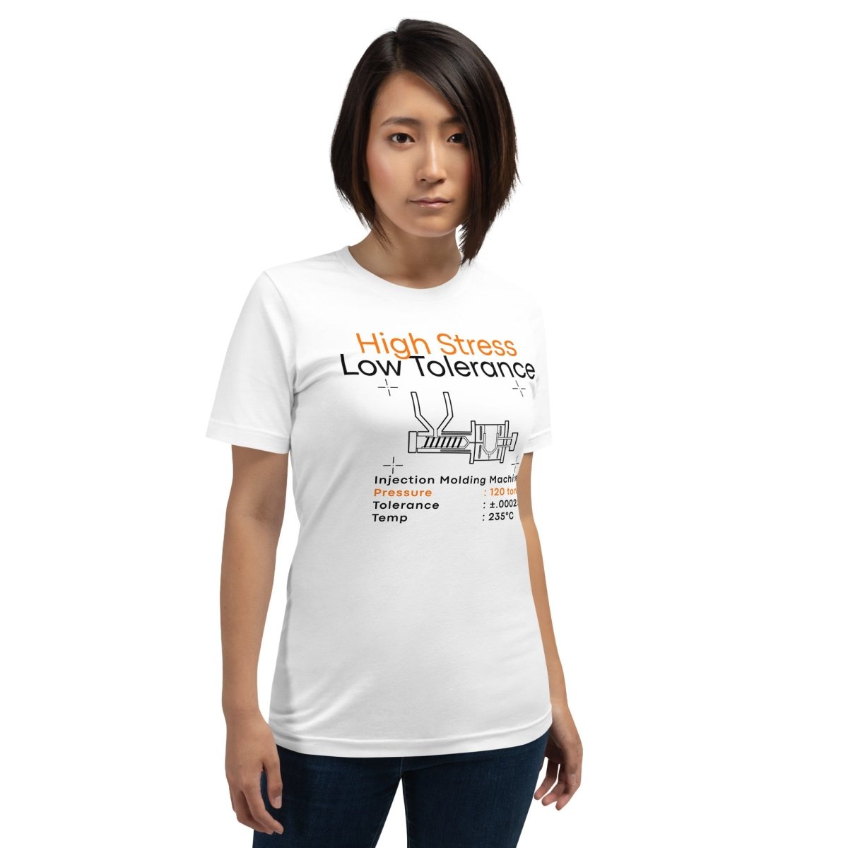 Woman in white t-shirt. High Stress Low Tolerance injection molding machine with 120 tons, ±0.00025", 235°C.