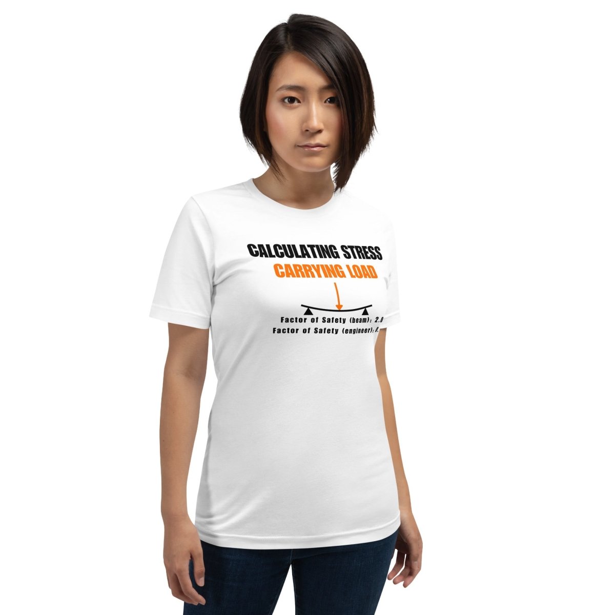 Woman in white t-shirt “Calculating Stress Load” with an arrow and a bent beam for mechanics engineers.