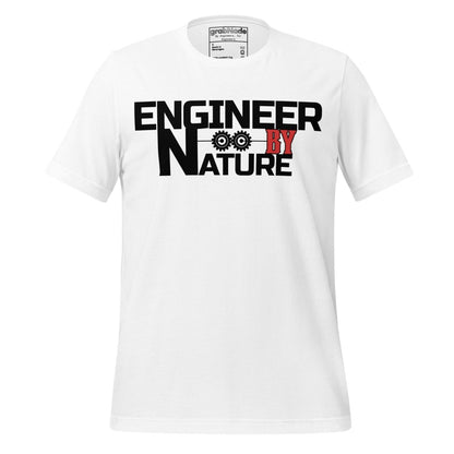 White t-shirt “Engineer by Nature” with two gears for mechanical engineers.
