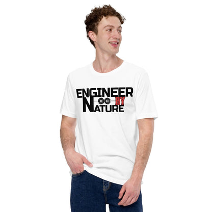 Man in white t-shirt “Engineer by Nature” with two gears for mechanical engineers.