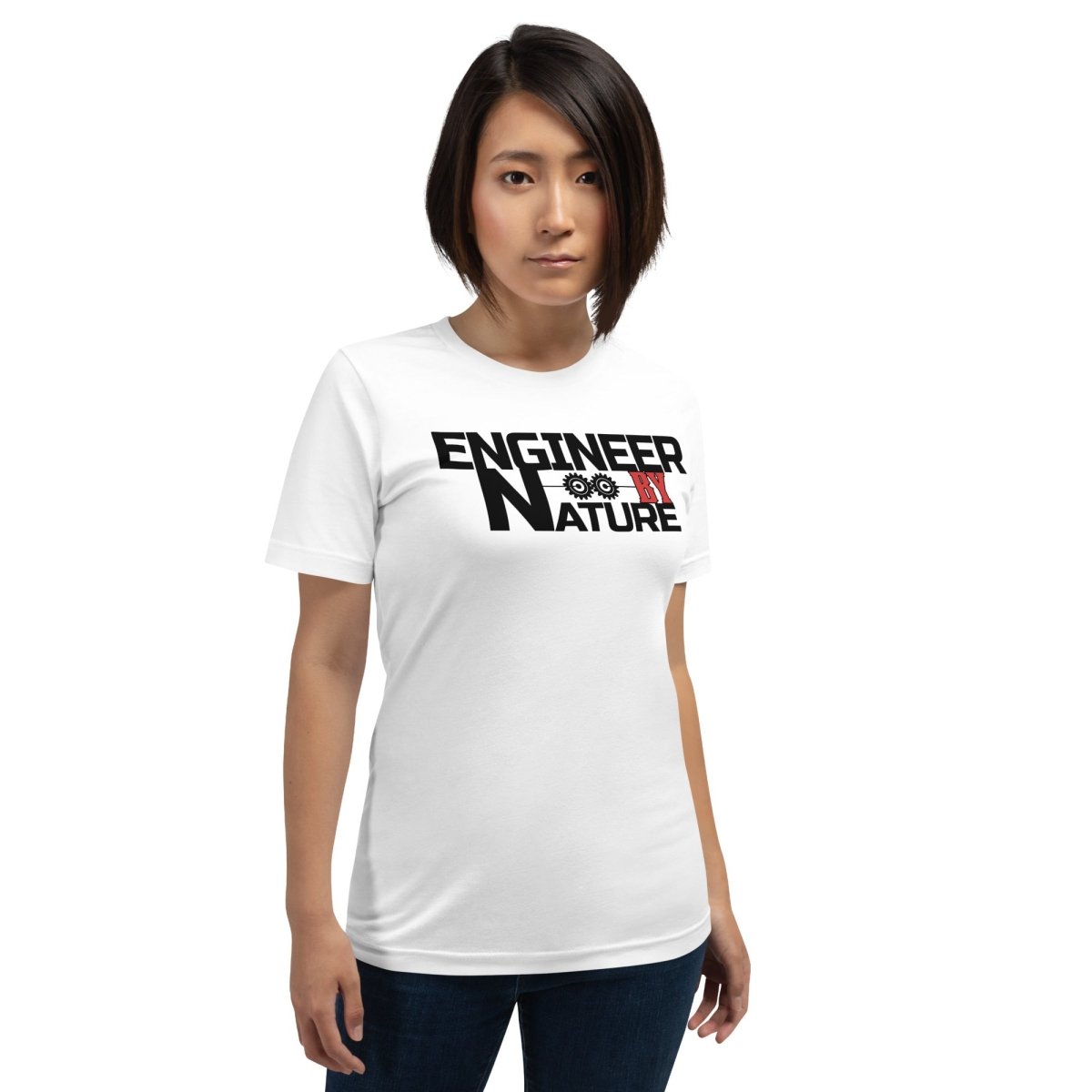 Woman in white t-shirt “Engineer by Nature” with two gears for mechanical engineers.