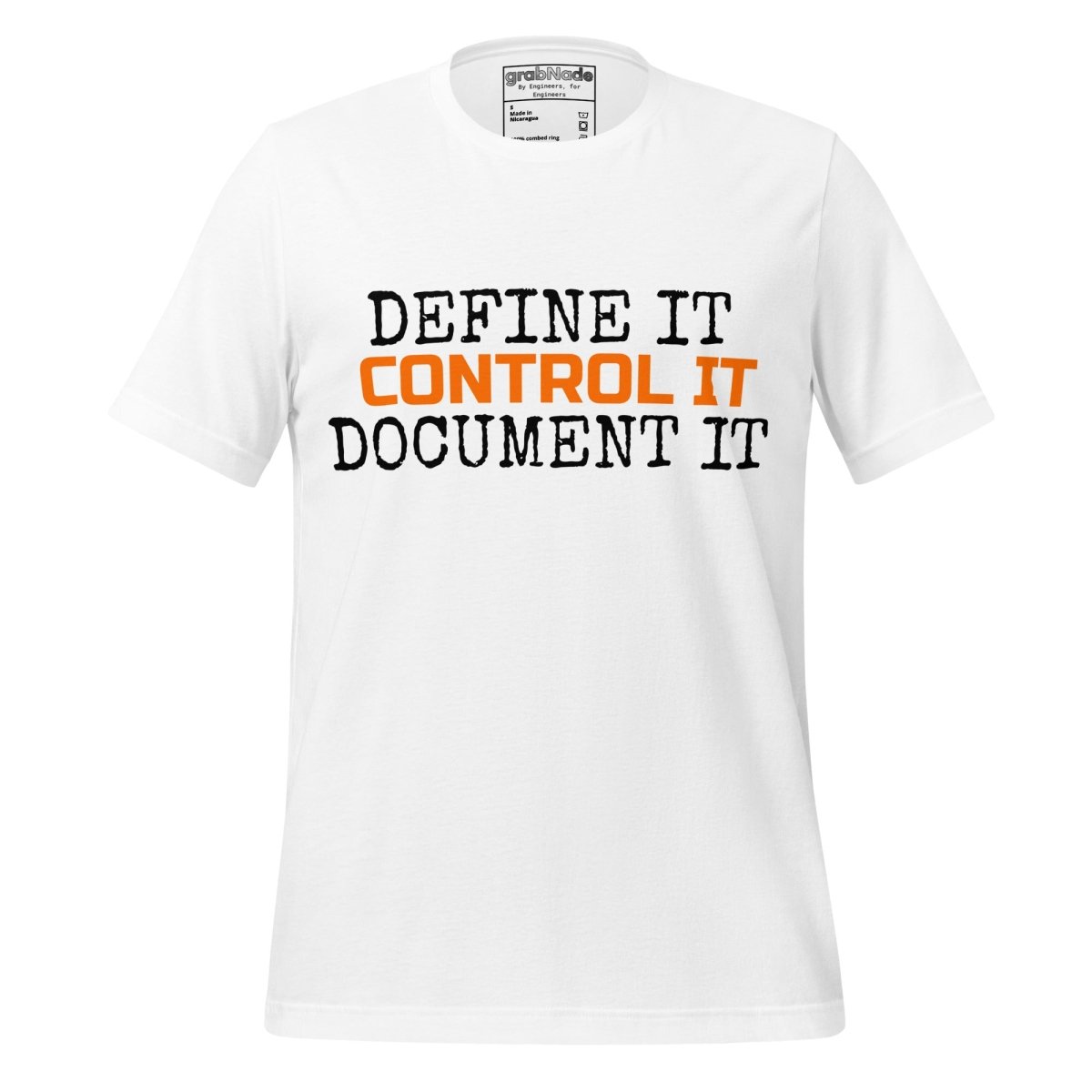 White t-shirt featuring the text "Define It. Control It. Document It" for QA engineers.