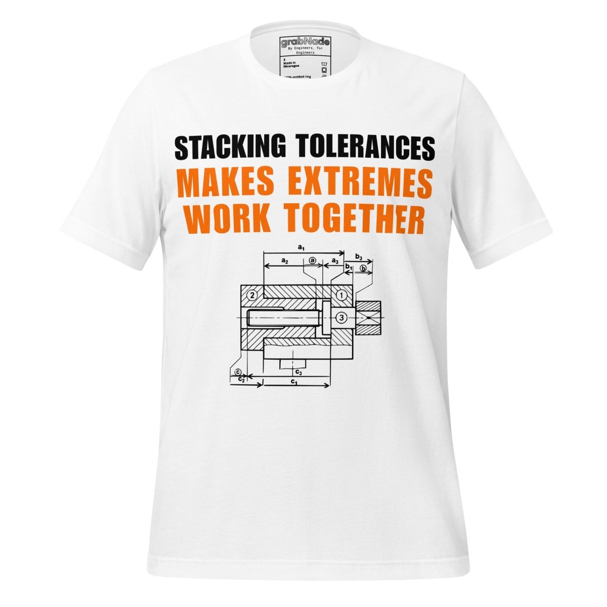 White t-shirt featuring a CAD blueprint graphic and stacking tolerances text for engineers.