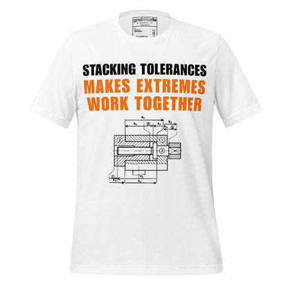 White t-shirt featuring a CAD blueprint graphic and stacking tolerances text for engineers.
