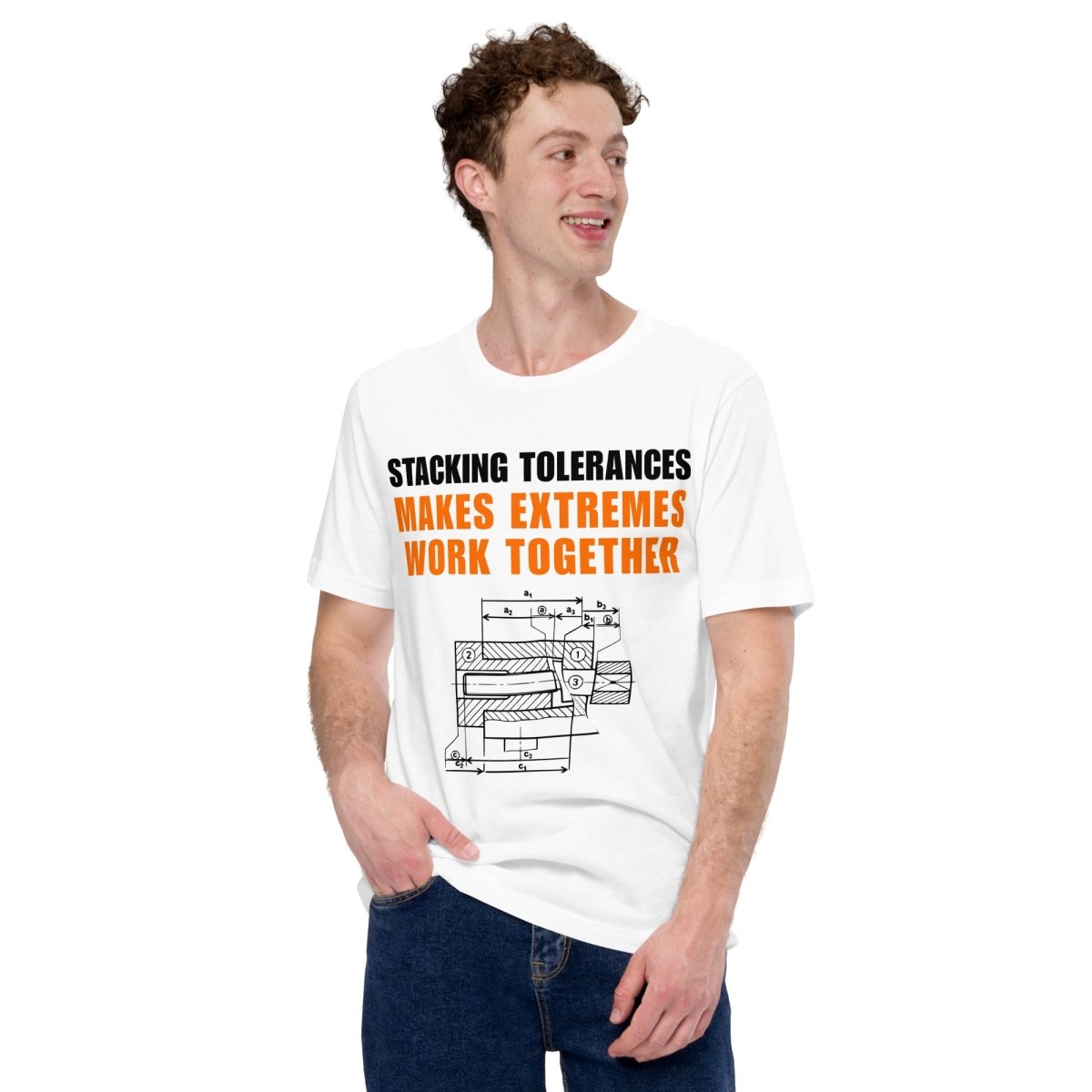 Man in white t-shirt featuring a CAD blueprint graphic and stacking tolerances text for engineers.