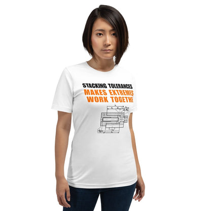 Woman in white t-shirt featuring a CAD blueprint graphic and stacking tolerances text for engineers.